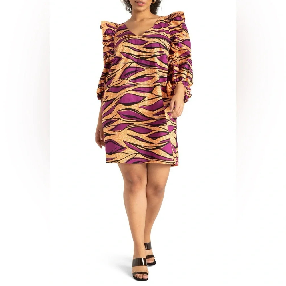 Eloquii Orange and Purple Sheath Dress with Puff Sleeves
